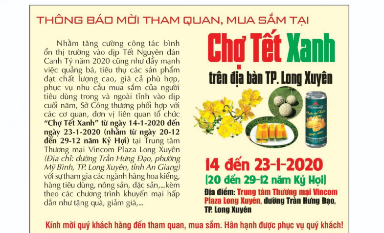 THÔNG BÁO Mời tham quan, mua sắm tại Chợ Tết Xanh trên địa bàn TP. Long Xuyên.